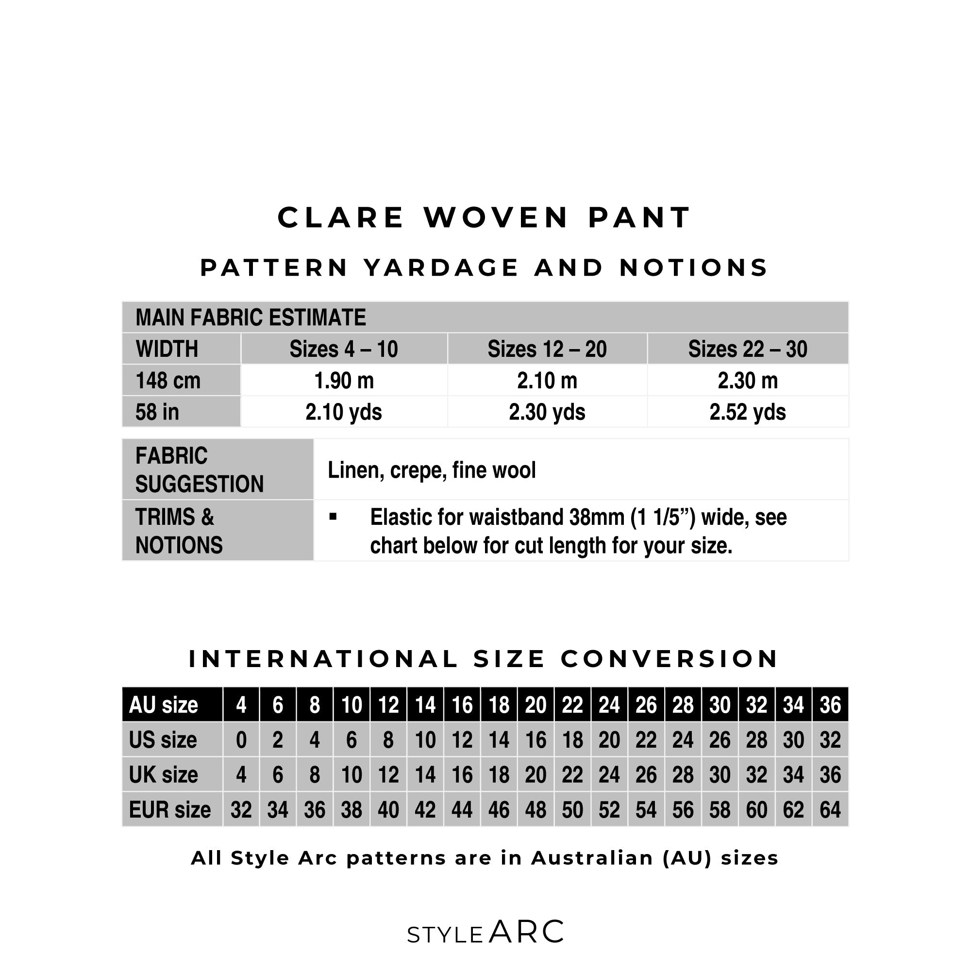 sewing pattern - StyleArc - Clare Pant - Little Haberdasher Shoppe